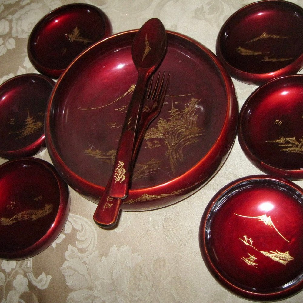 "VINTAGE 9 PC SALAD BOWL W/INDIVIDUAL BOWLS & SERVING UTENSILS-JAPANESE DESIGN"